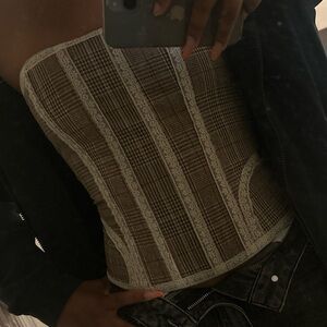 Brown and Cream Plaid Lace Corset Top